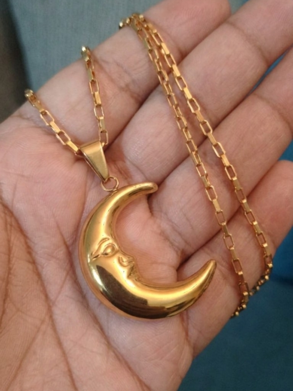 Gold Plated Crescent Moon Face Pendant Necklace - Women Jewelry